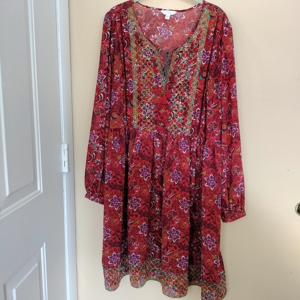 Floral Semi Sheer Embroided Dress XL Boho Festival Beach Concert Vacation